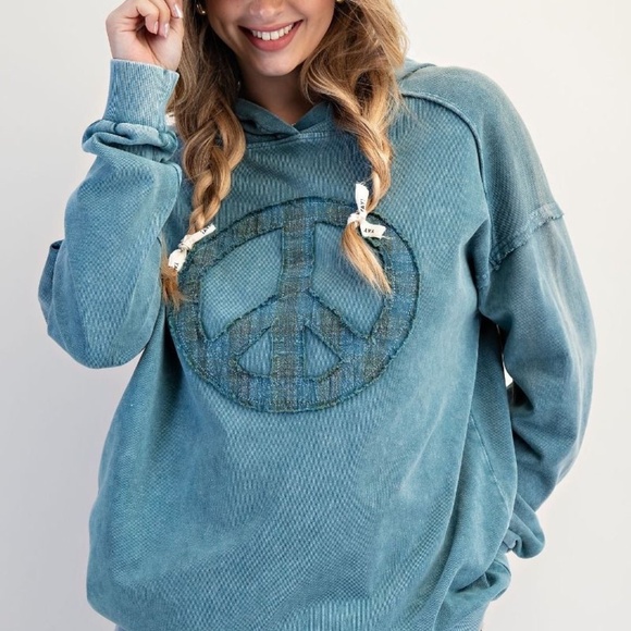 NEW EASEL CLOTHING WASHED TERRY KNIT PULLOVER PEACE HOODIE TEAL SWEATSHIRT - Picture 6 of 8